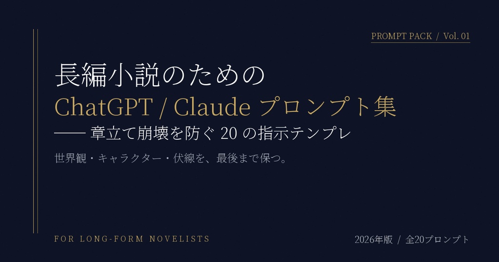 長編小説のためのChatGPT/Claude 章立て崩壊防止プロンプト集 ─ 20本+運用ガイドブック