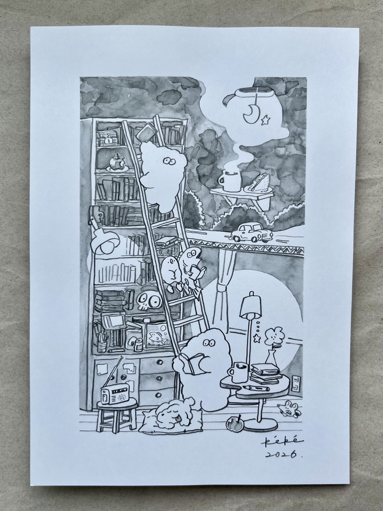 A5サイズ原画 "夜の本棚"