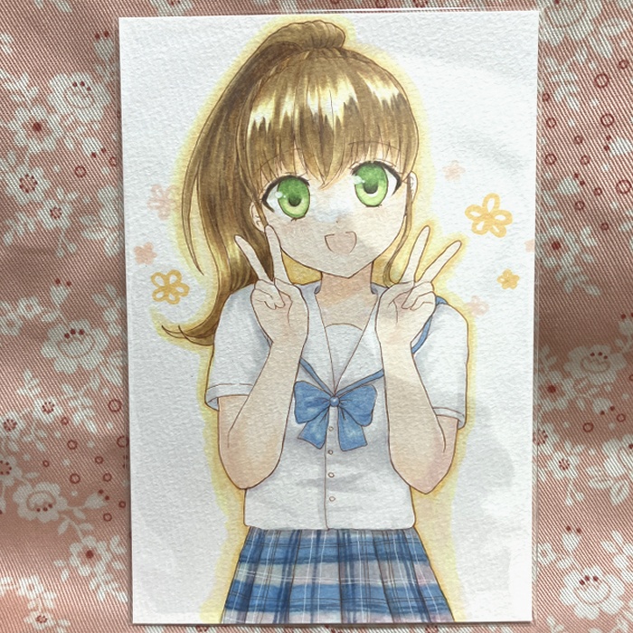 【原画】オリジナルイラスト 「ポニーテールとセーラー服」 ポストカードサイズ 額なし あんしんBOOTHパック