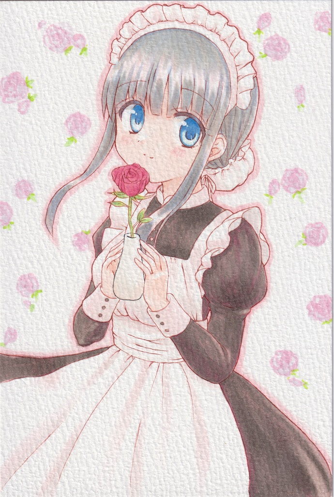 【原画】オリジナルイラスト　「綺麗に咲きました」　ポストカードサイズ　ドローイング付き　額なし　あんしんBOOTHパック