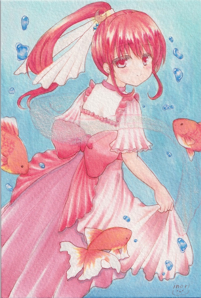 【原画】オリジナルイラスト　「金魚の舞姫」　ポストカードサイズ　額なし　あんしんBOOTHパック