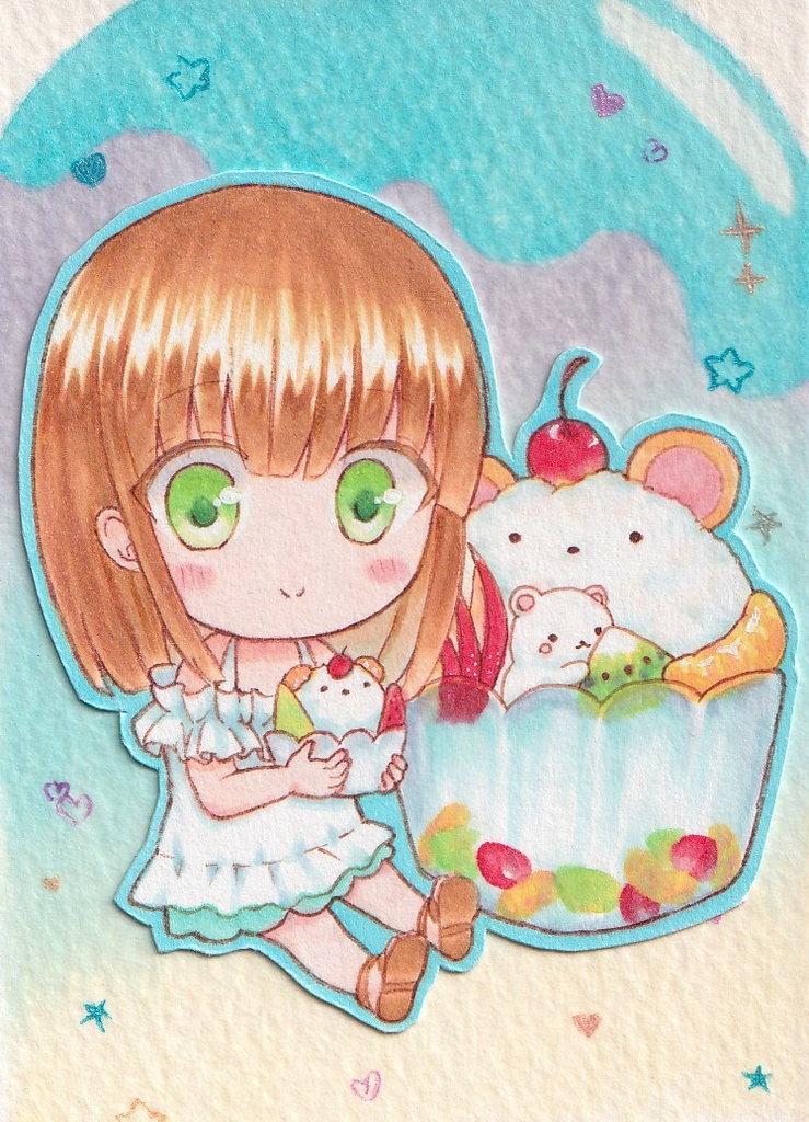 【原画】オリジナルイラスト　「しろくまかき氷」　ATCサイズ　額なし　あんしんBOOTHパック