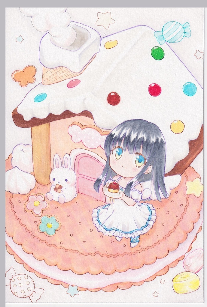 【原画】オリジナルイラスト　「手のひらサイズのお菓子の家」　ポストカードサイズ　額なし　あんしんBOOTHパック