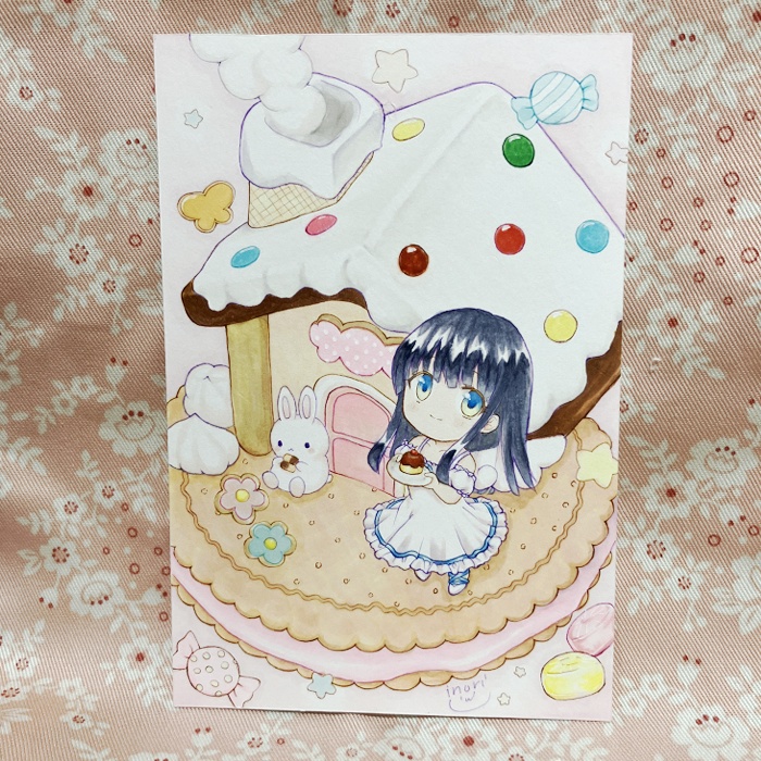 【原画】オリジナルイラスト 「手のひらサイズのお菓子の家」 ポストカードサイズ 額なし あんしんBOOTHパック