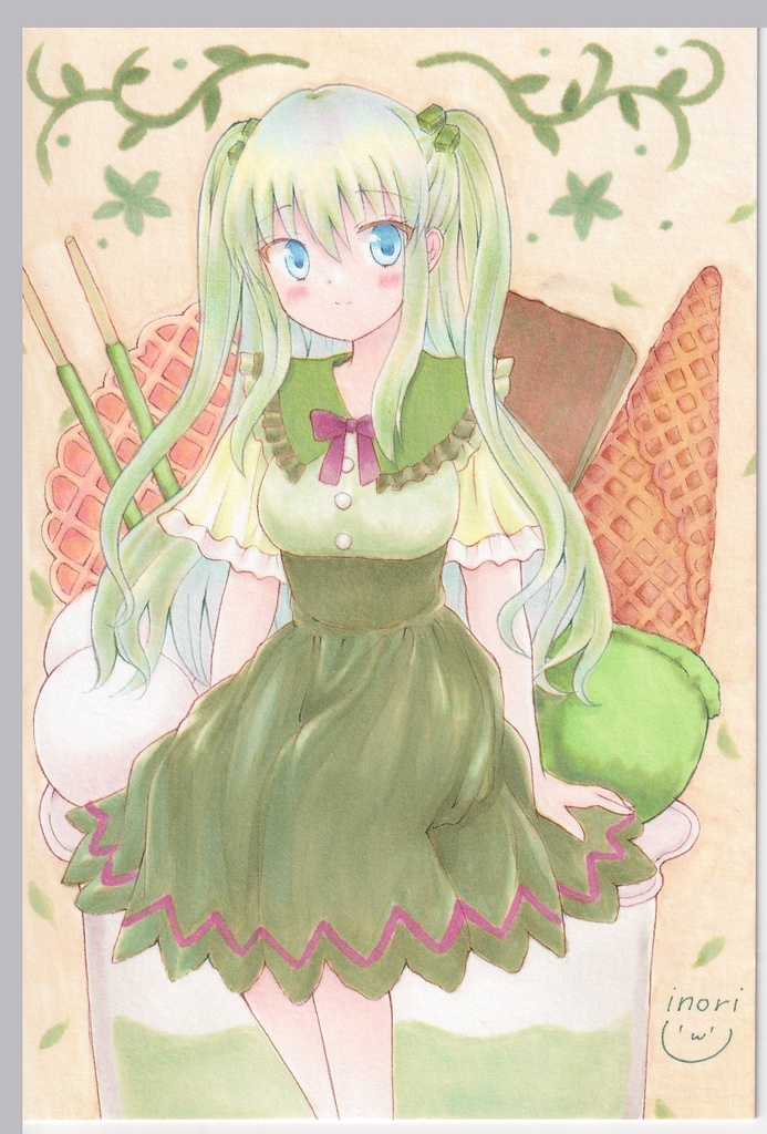 【原画】オリジナルイラスト　「抹茶パフェを召し上がれ」　ポストカードサイズ　額なし　あんしんBOOTHパック