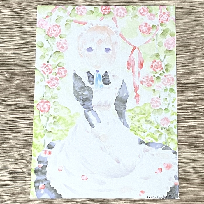 【原画】オリジナルイラスト 「バラとメイド」 A5サイズ 額付き あんしんBOOTHパック