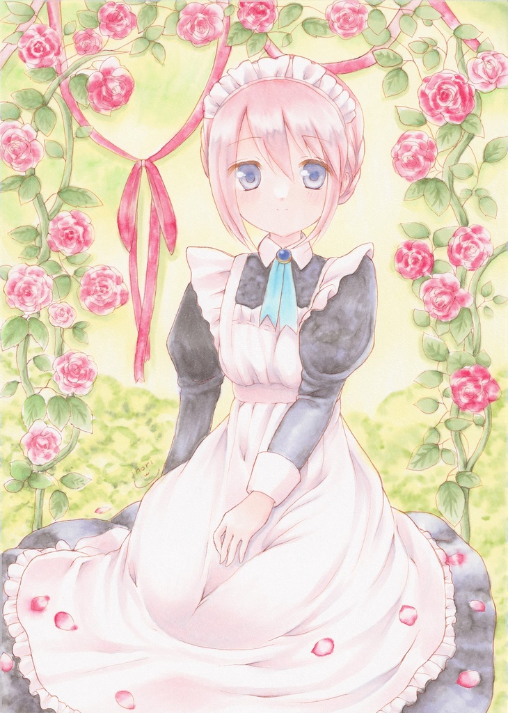 【原画】オリジナルイラスト　「バラとメイド」　A5サイズ　額付き　あんしんBOOTHパック