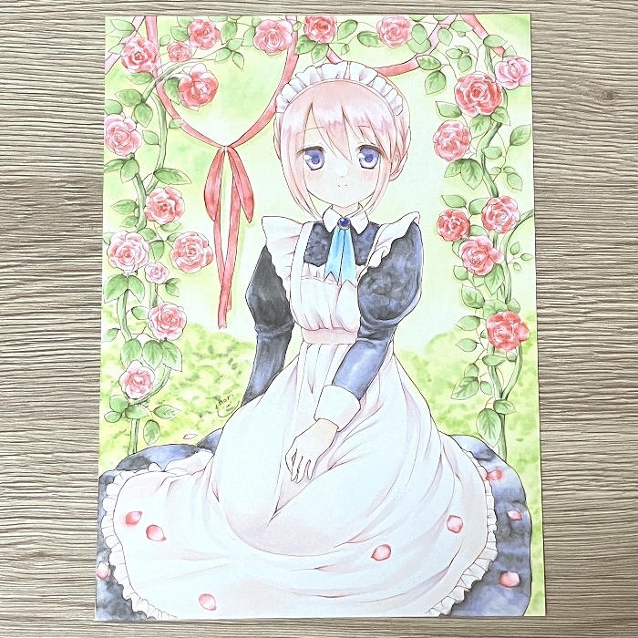 【原画】オリジナルイラスト 「バラとメイド」 A5サイズ 額付き あんしんBOOTHパック