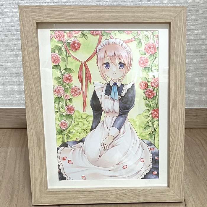 【原画】オリジナルイラスト 「バラとメイド」 A5サイズ 額付き あんしんBOOTHパック