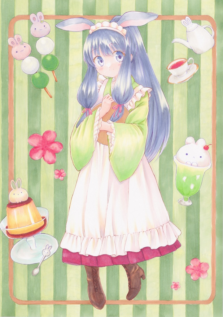 【原画】オリジナルイラスト　「喫茶うさぎへようこそ」　A4サイズ　額付き　あんしんBOOTHパック