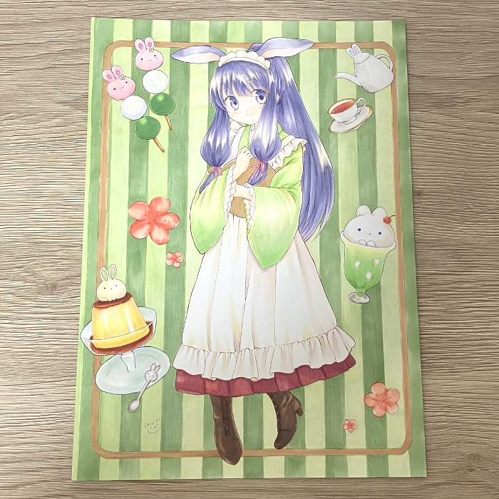【原画】オリジナルイラスト 「喫茶うさぎへようこそ」 A4サイズ 額付き あんしんBOOTHパック