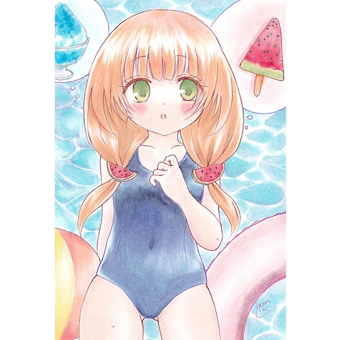 【原画】オリジナルイラスト　「夏はスイカとプールとかき氷とスクール水着」　ポストカードサイズ　額なし　あんしんBOOTHパック