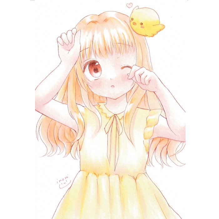 【原画】オリジナルイラスト 「ひよりとひよこ」 ポストカードサイズ 額なし あんしんBOOTHパック