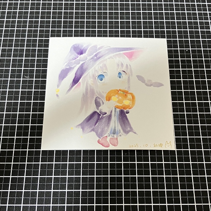 【原画】オリジナルイラスト 「ハロウィンな瑠璃ちゃん_ミニキャラVer」 10cm×10cmサイズ 額なし あんしんBOOTHパック