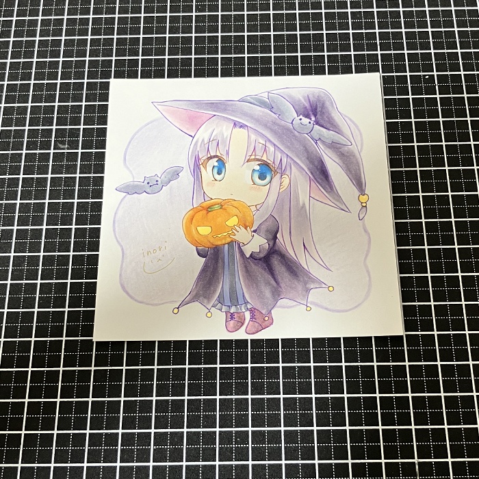 【原画】オリジナルイラスト 「ハロウィンな瑠璃ちゃん_ミニキャラVer」 10cm×10cmサイズ 額なし あんしんBOOTHパック