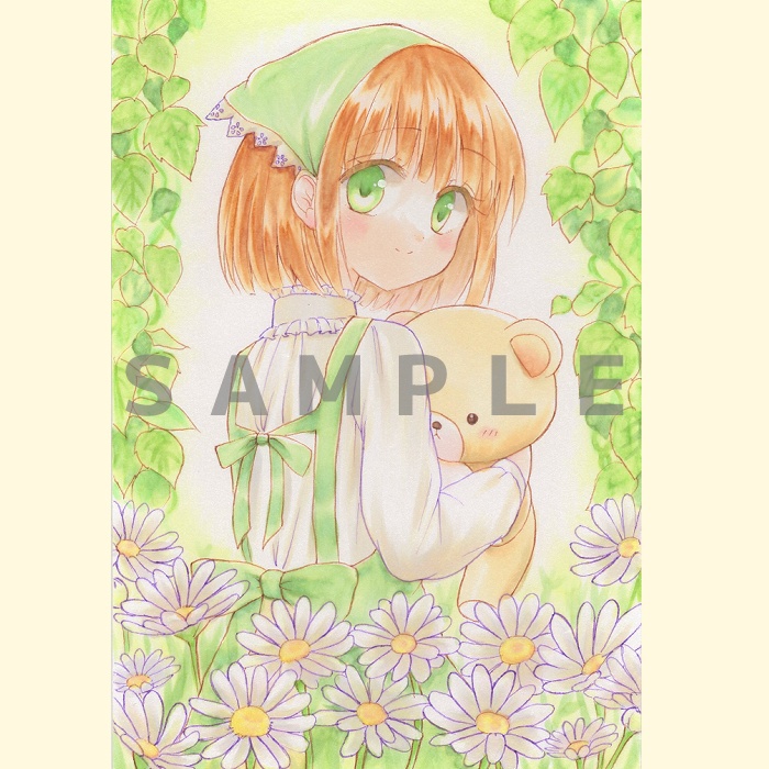 【原画】オリジナルイラスト 「くまくま森ガール」 ポストカードサイズ 額なし あんしんBOOTHパック