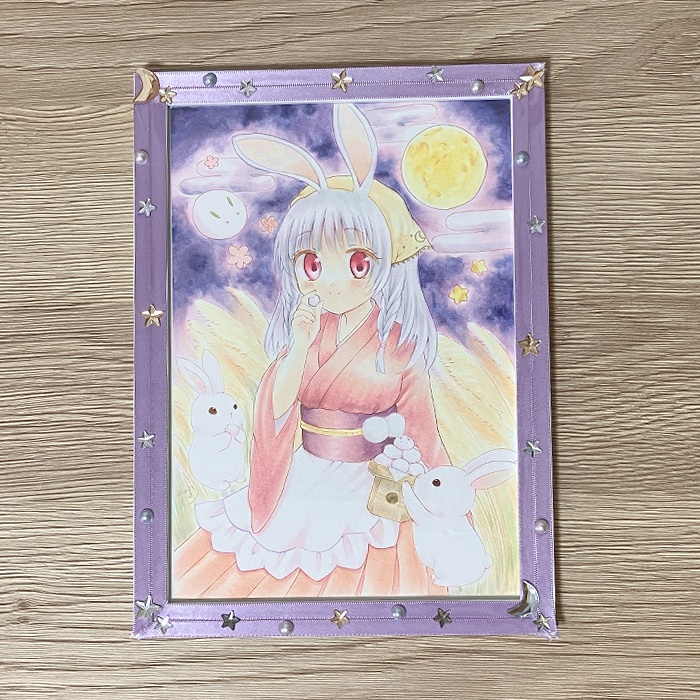 【原画】オリジナルイラスト 「十五夜お月さま」 A5サイズ 額付き あんしんBOOTHパック
