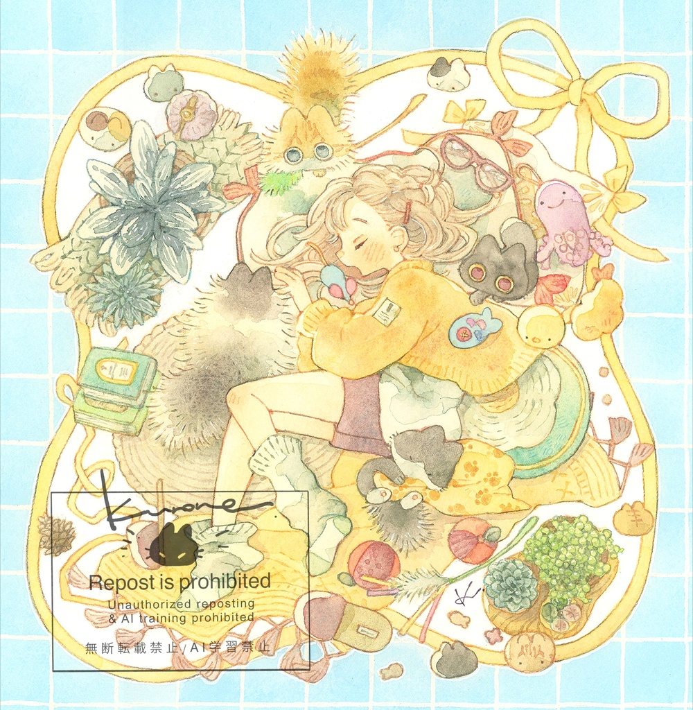 30センチ角額装原画「ねこからきみへプレゼント」