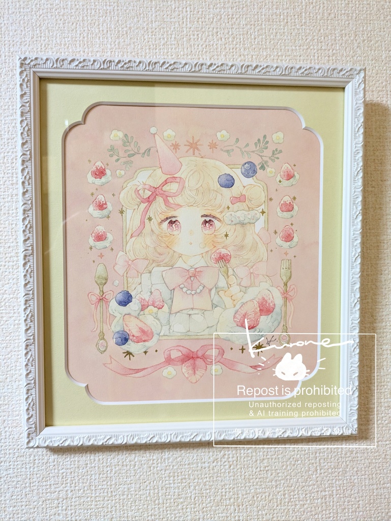 額装原画「ショートケーキにときめく」（大色紙サイズ額）