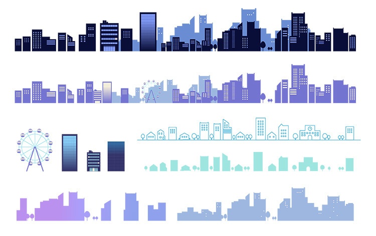 夜の街並みのシルエットのイラストセット【透過PNG＋ベクター】