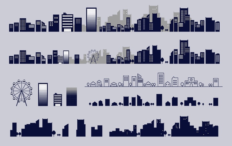 夜の街並みのシルエットのイラストセット2【透過PNG＋ベクター】