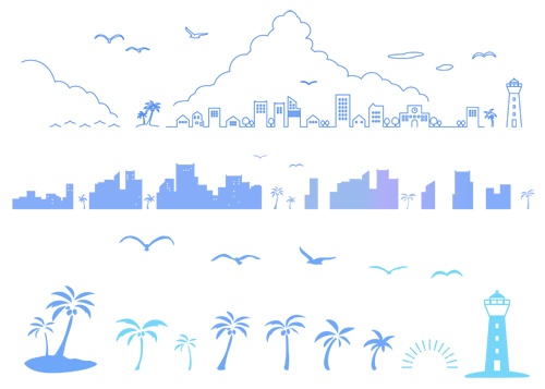 海辺の街並みのシルエットのイラストセット【PNG素材】