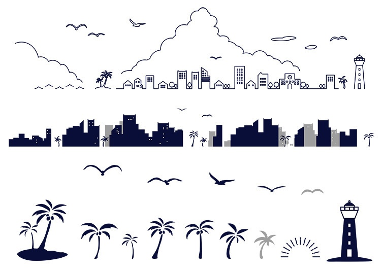 海辺の街並みのシルエットのイラストセット【透過PNG／ベクター】