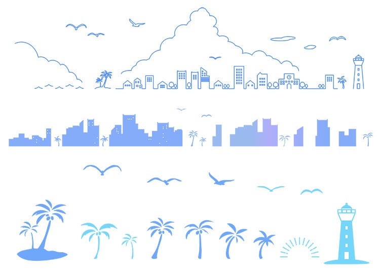 海辺の街並みのシルエットのイラストセット【透過PNG/ベクター】