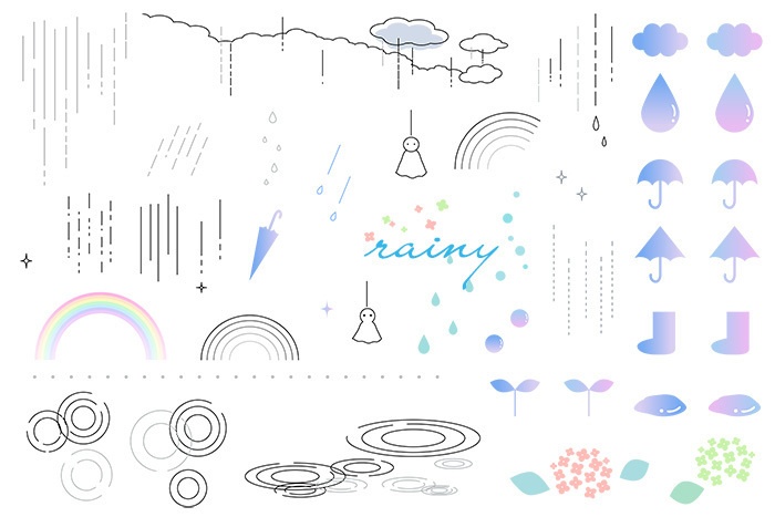 雨モチーフの装飾イラストセット【PNG素材】