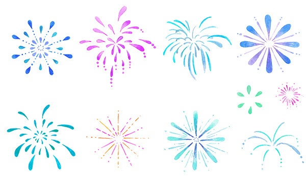 透明水彩で描いた花火のイラストセット【PNG素材】