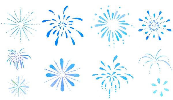 透明水彩で描いた花火のイラストセット【PNG素材】