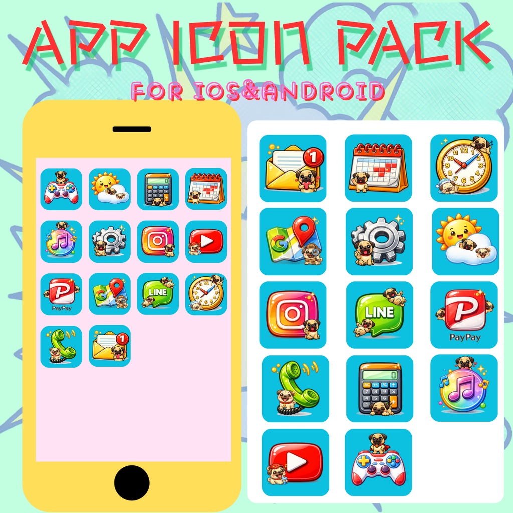 iPhone ICON PACK (カトゥーンアニメ風&パグ犬)