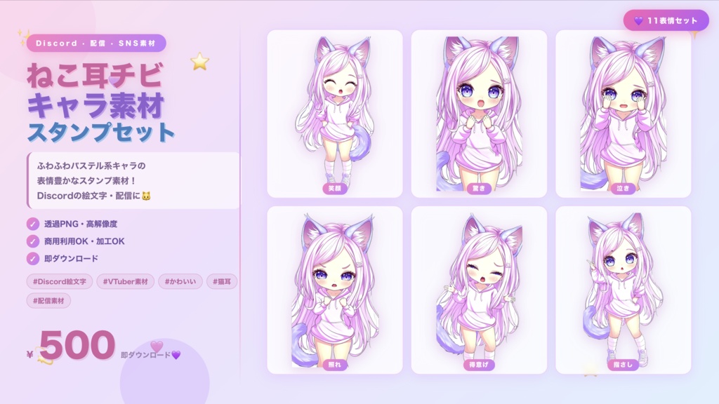 手書き+ AI+加筆の【無料】ねこ耳チビキャラ Discord絵文字サンプル 手書き+AI+加筆