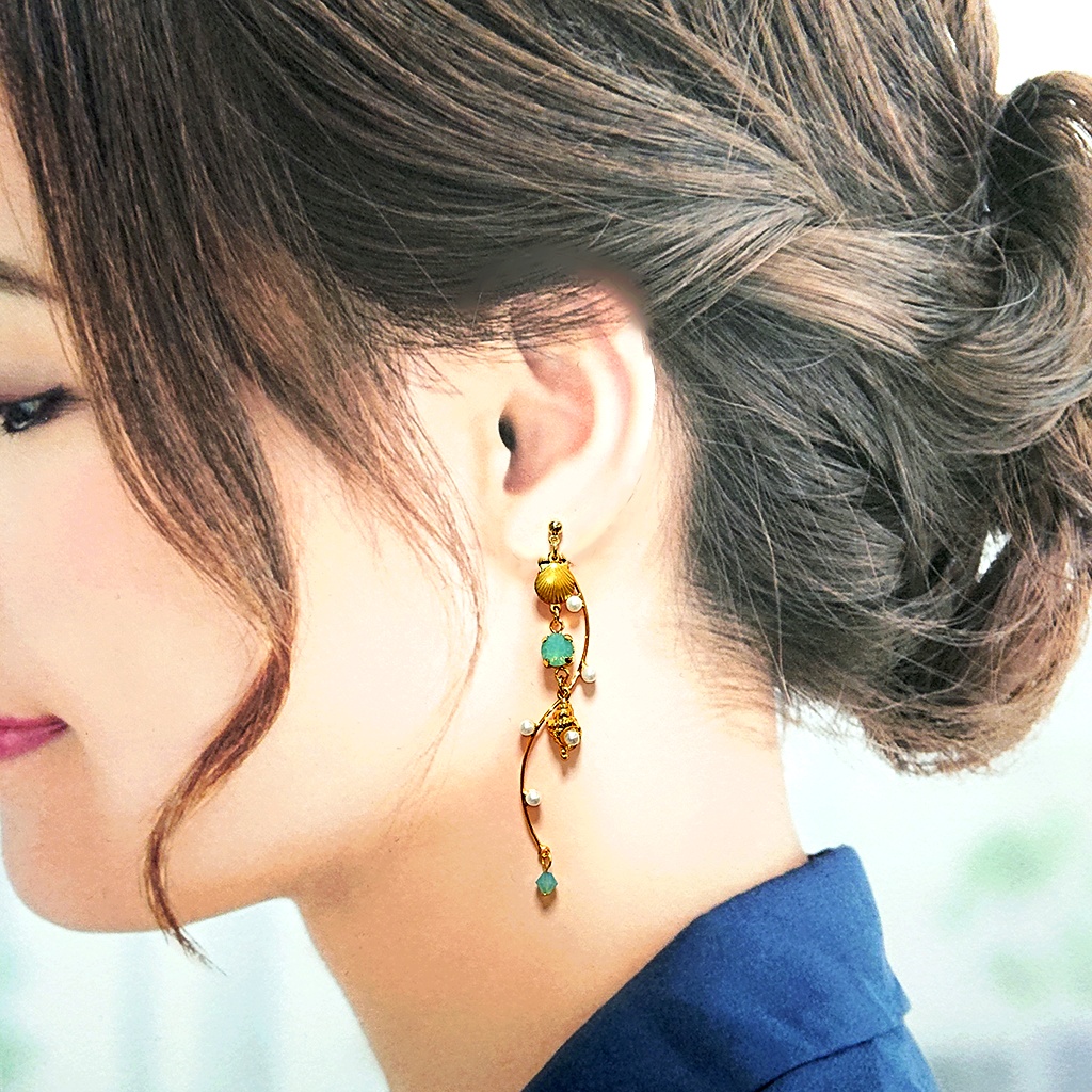 1点限り★ジェイド・フロイドイメージ 巻貝×パール シャンデリア風ロングピアス/イヤリング
