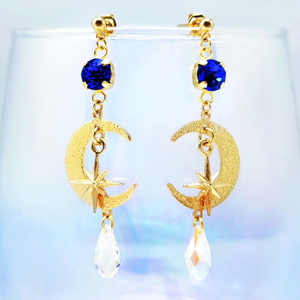 再販未定★デュース・スペード/星送りイメージ 月×スワロドロップ シンプルデザイン ピアス/イヤリング
