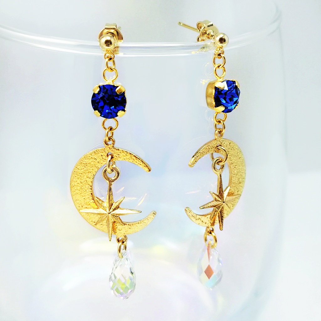 再販未定★デュース・スペード/星送りイメージ 月×スワロドロップ シンプルデザイン ピアス/イヤリング