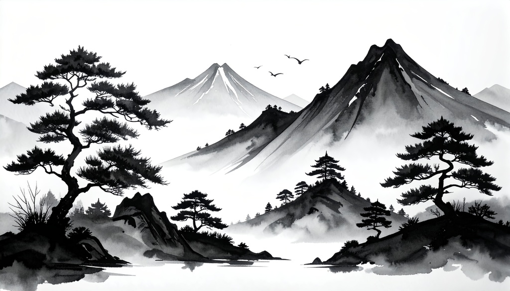 余白筆 - 趣のある墨絵風背景と筆致素材セット