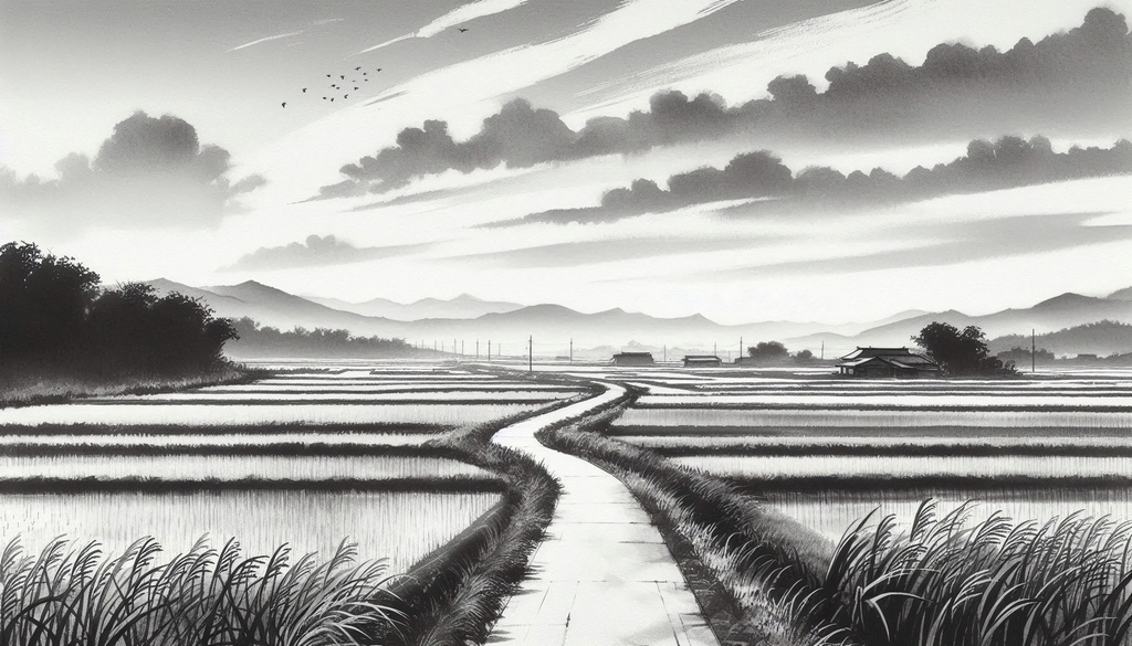 【和風】余白筆 墨絵の旅路 - 車窓と古都の情景素材集