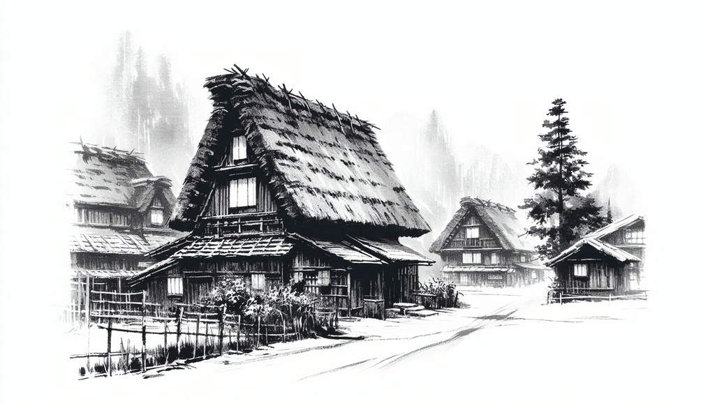 【和風】余白筆 墨絵の旅路 - 車窓と古都の情景素材集