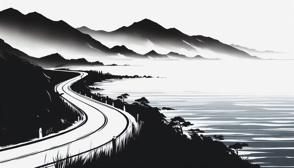 【和風】余白筆 墨絵の旅路 - 車窓と古都の情景素材集