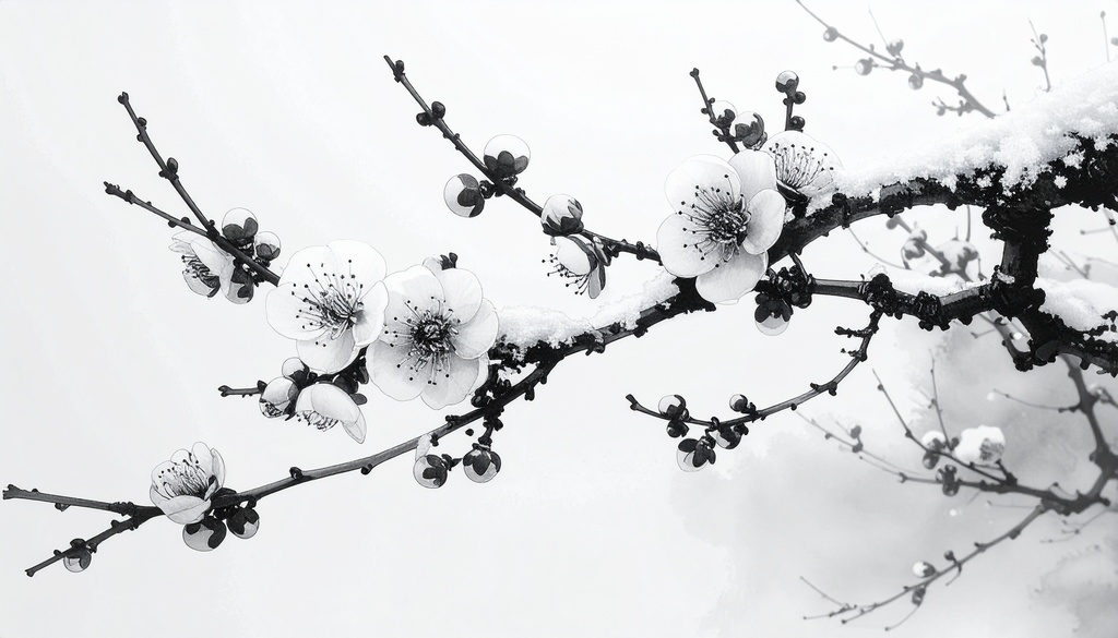 【水墨画風】余白筆 - 春を待つ情景素材集:氷解のせせらぎと梅の香