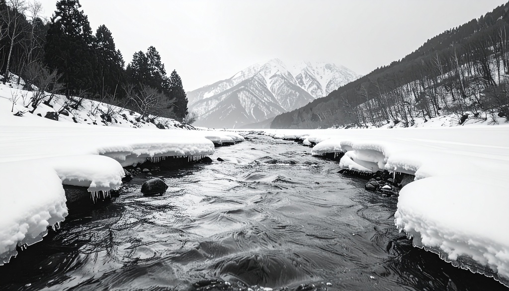 【水墨画風】余白筆 - 春を待つ情景素材集:氷解のせせらぎと梅の香