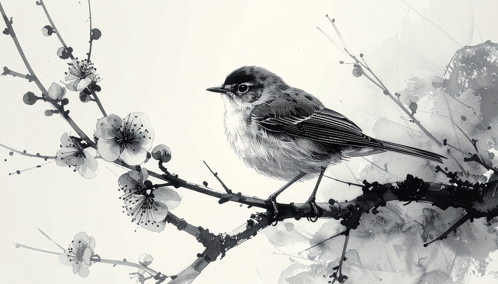 【水墨画風】余白筆 - 春を待つ情景素材集:氷解のせせらぎと梅の香