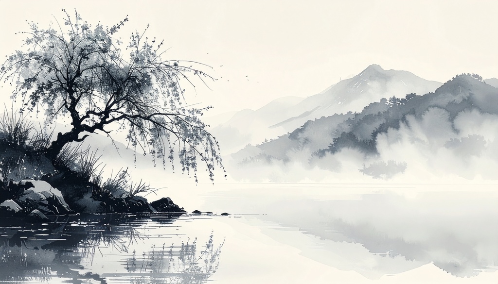 【水墨画風】余白筆 - 春を待つ情景素材集:氷解のせせらぎと梅の香