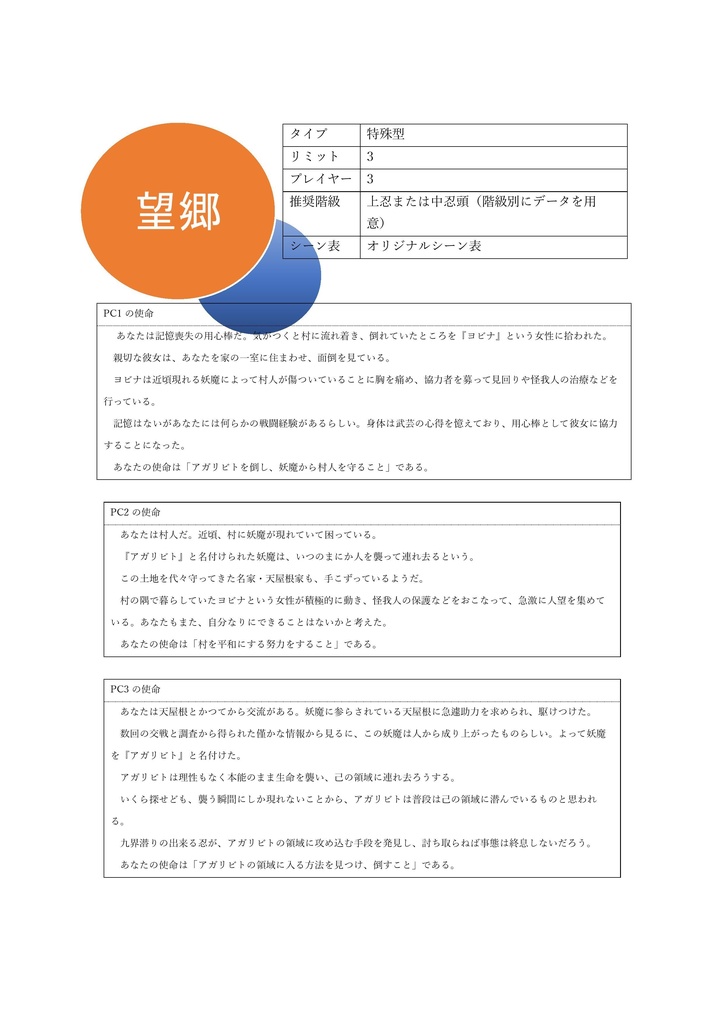 シノビガミシナリオ「望郷」【SPLL:E223083】