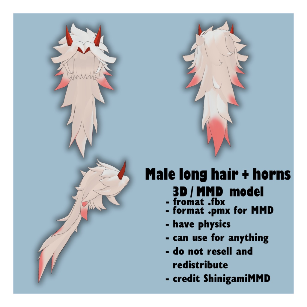 3D/MMD - Male long hair + Horns