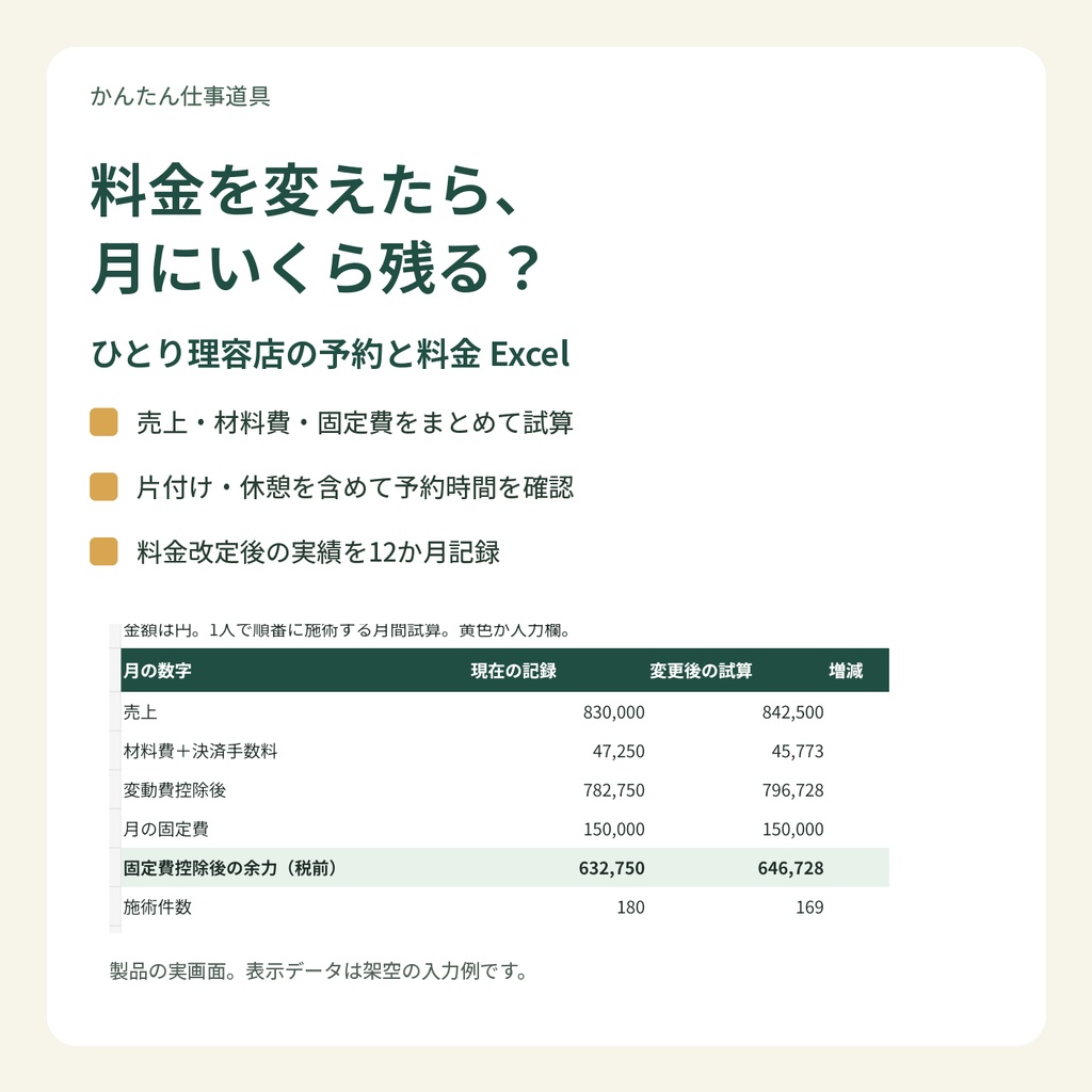ひとり理容店の料金改定Excel｜予約時間・月の余力を比較・12か月実績記録
