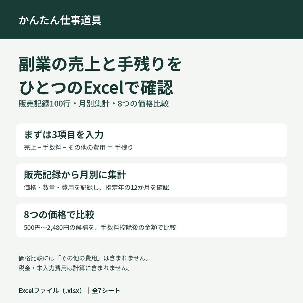 副業の利益管理Excel｜販売記録100行・月別集計・8つの価格比較