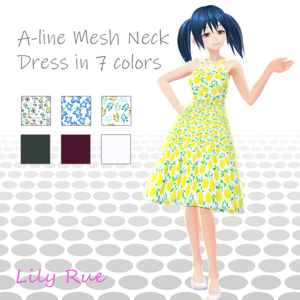 【無料版あり】VRoid Aライン・メッシュネックワンピース７色セット / A-line Mesh Neck Dress in 7 colors