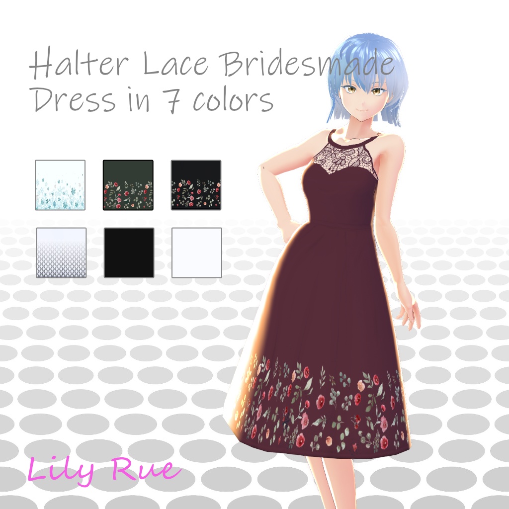 【無料版あり】VRoid ホルターレース・ブライズメイドドレス ７色セット / Halter Lace Bridesmaid Dress in 7 colors